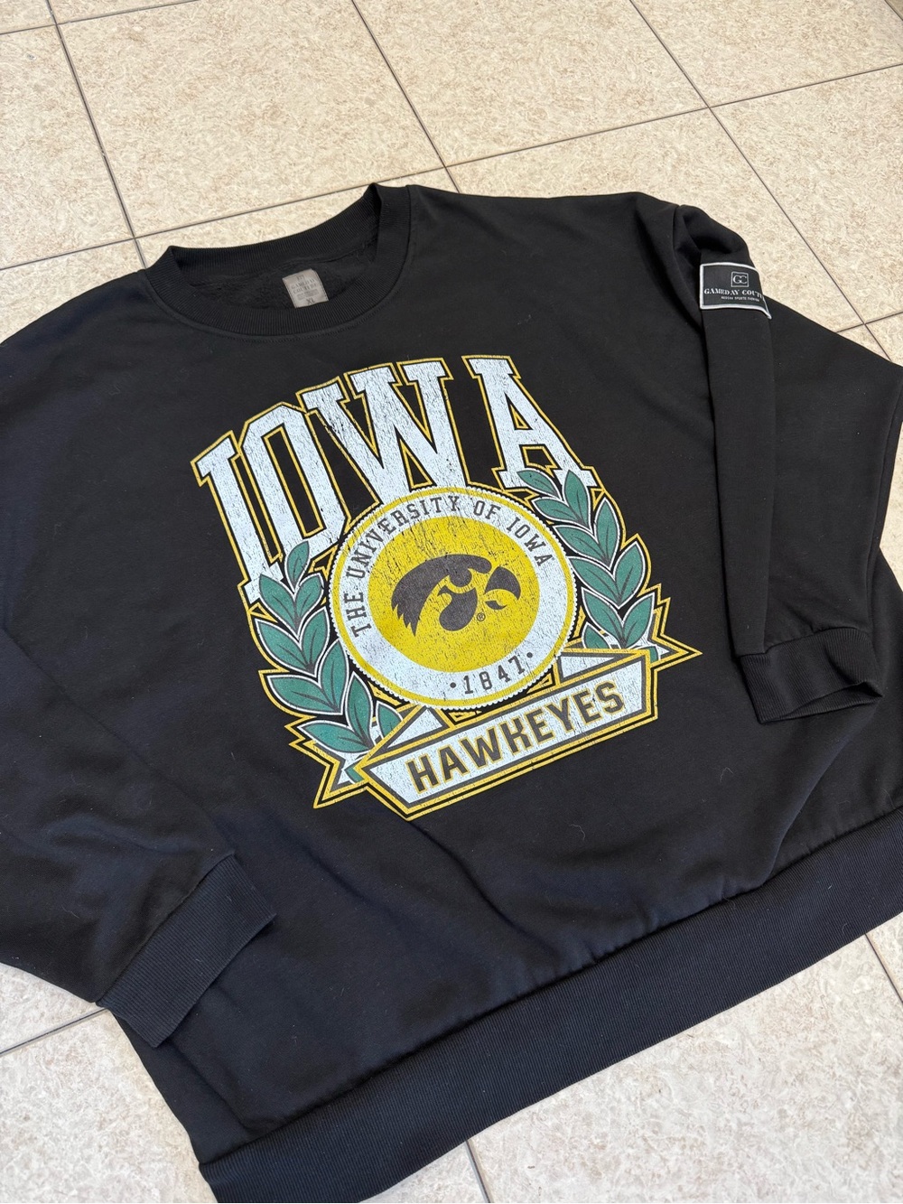 University of Iowa Hawkeyes Black Crewneck Sweatshirt with Yellow & Green Crest